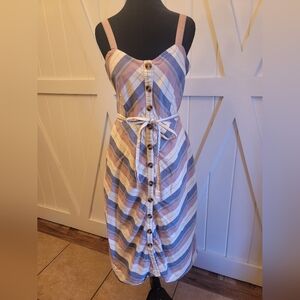 Striped Button-Front Midi Dress in Pastel Blue, Pink and Cream